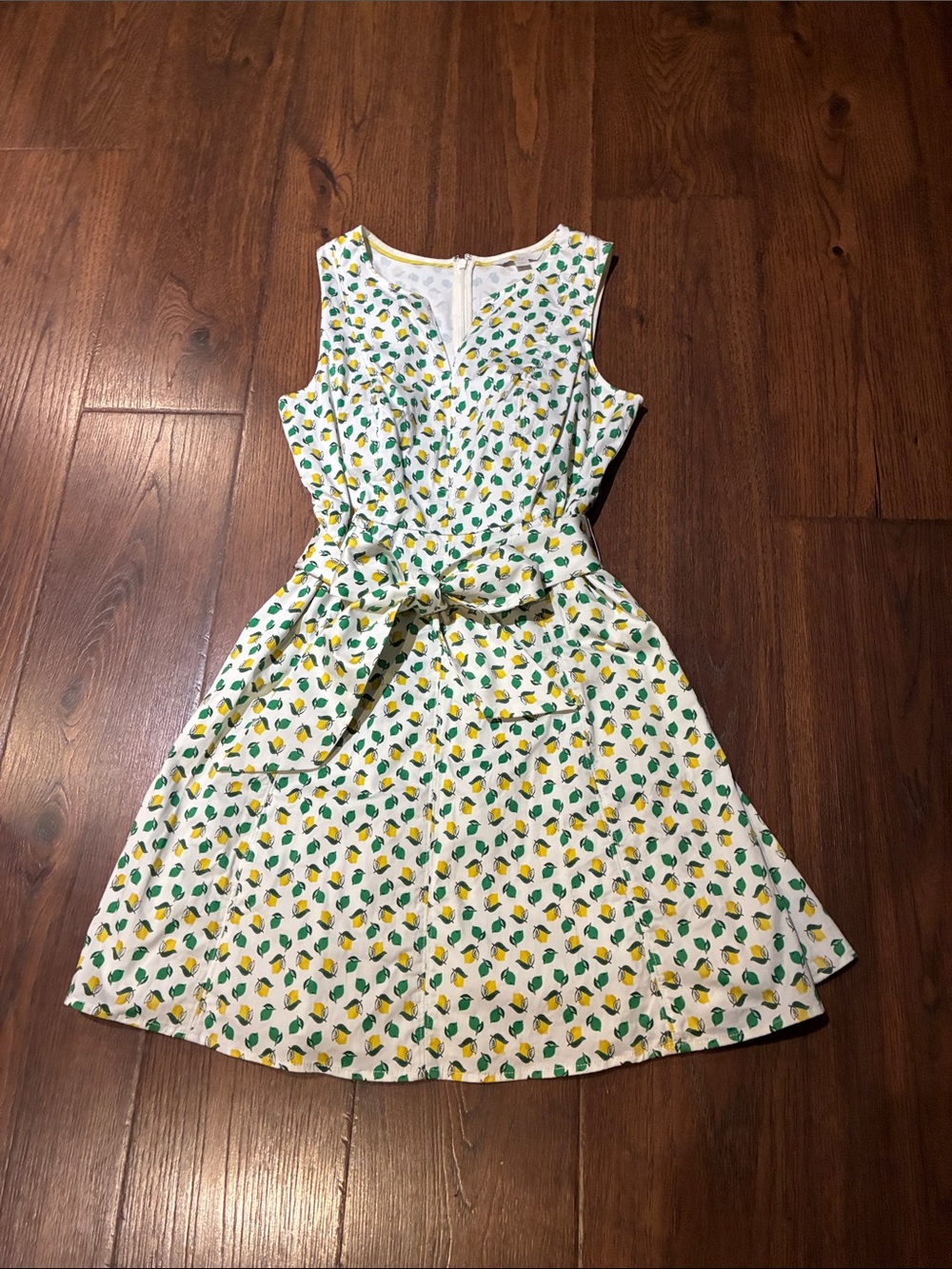 Boden White Sleeveless Lemon-Print Tie-Waist Dress